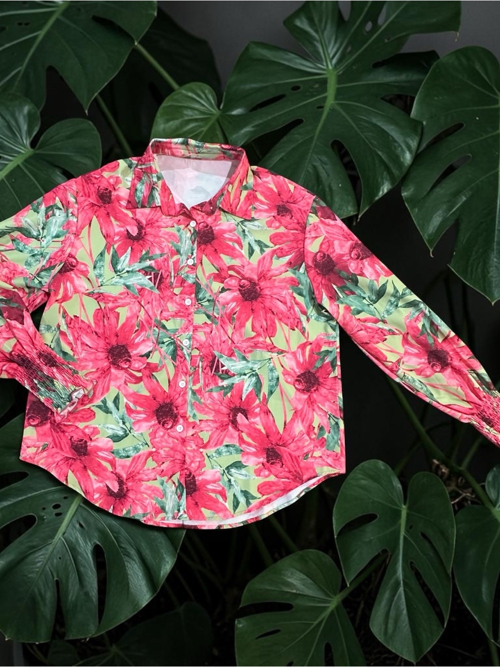 Floral Print Long-Sleeve Shirt in Pink and Green